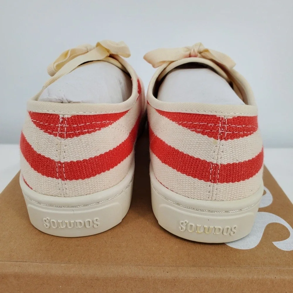 Soludos Marin Stripe Canvas Sneaker Womens 7.5 Poppy Red Cream Lace Up Round Toe